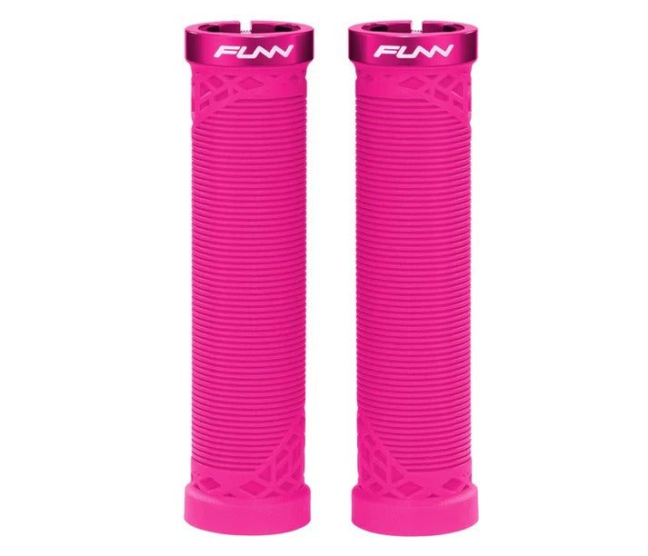 Two bright pink bicycle handlebar grips with textured ribbing and a metallic pink top section featuring the white 'FUNN' brand logo, shown on a plain white background.