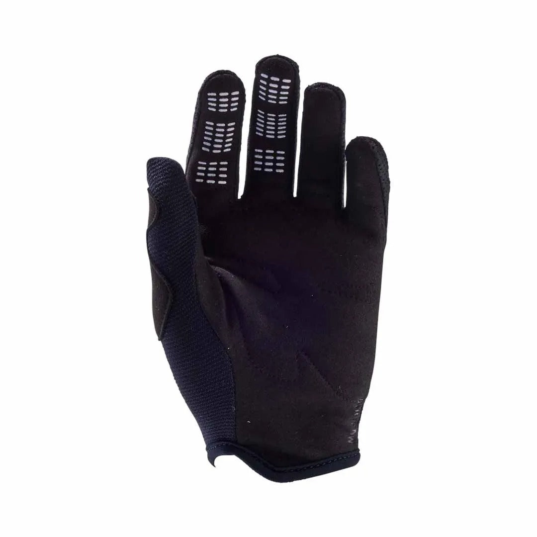 The palm view of a black mountain bike glove on a white background