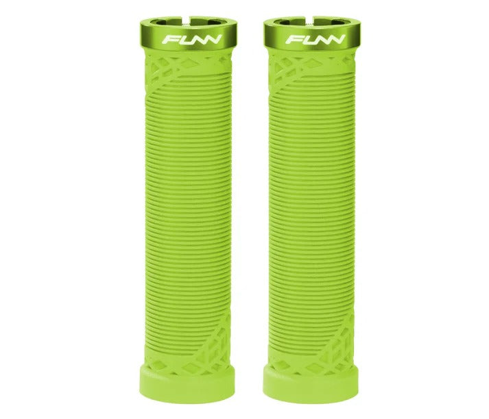 A pair of bright lime green bicycle handlebar grips with textured ribbing and a white 'FUNN' logo printed on the top ends, shown against a plain white background.