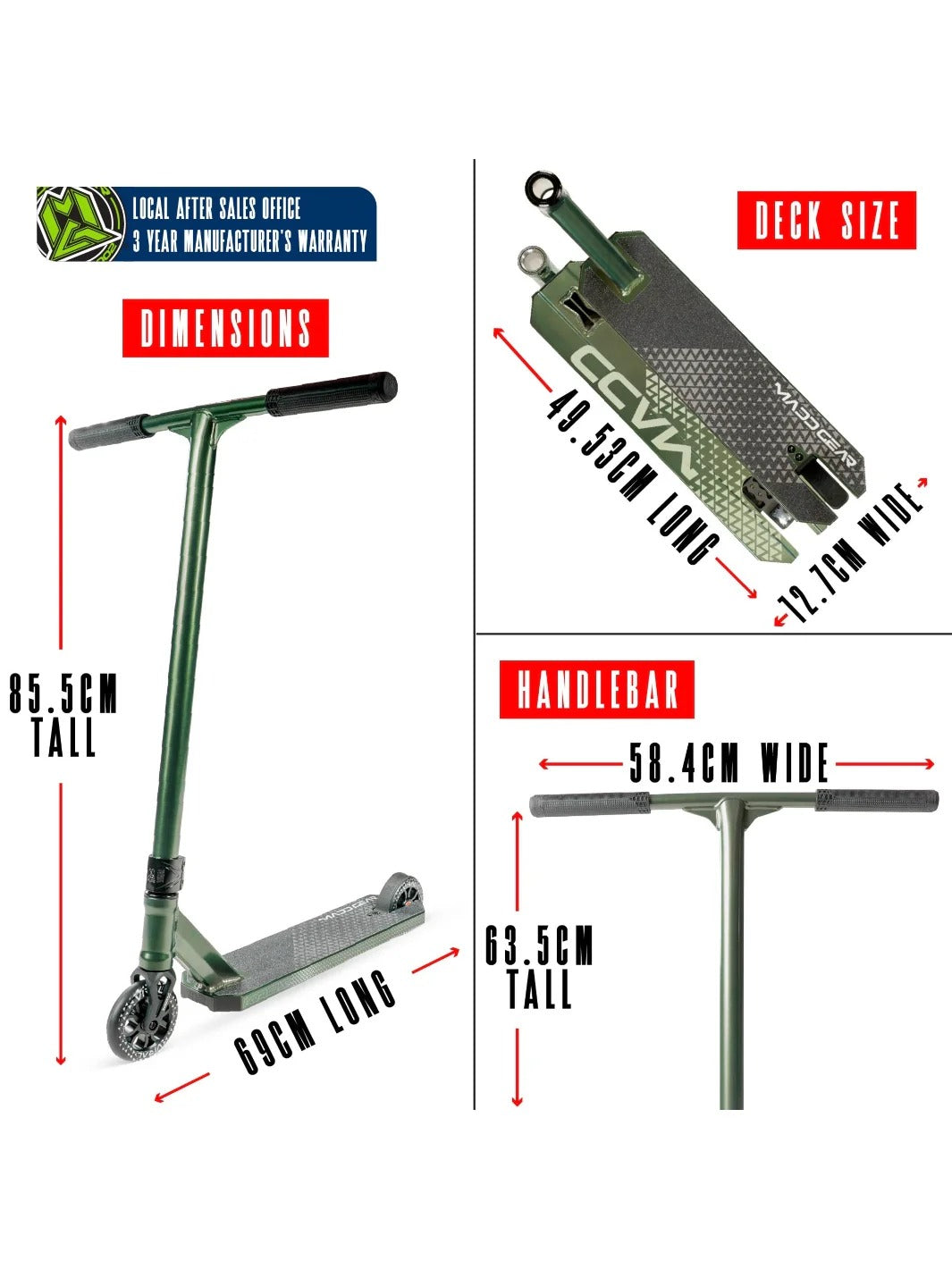 Measurement chart of a scooter with dimensions labeled