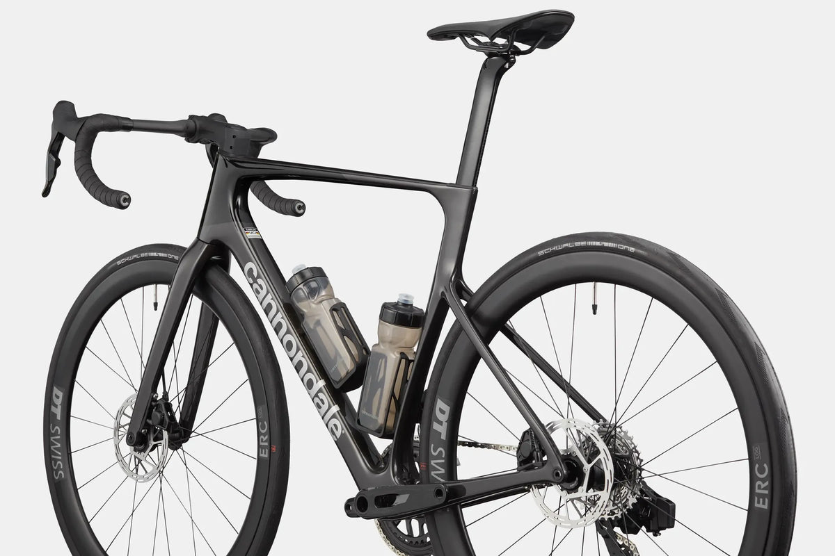 Charcoal Carbon Cannondale road bike with visible branding on a white background