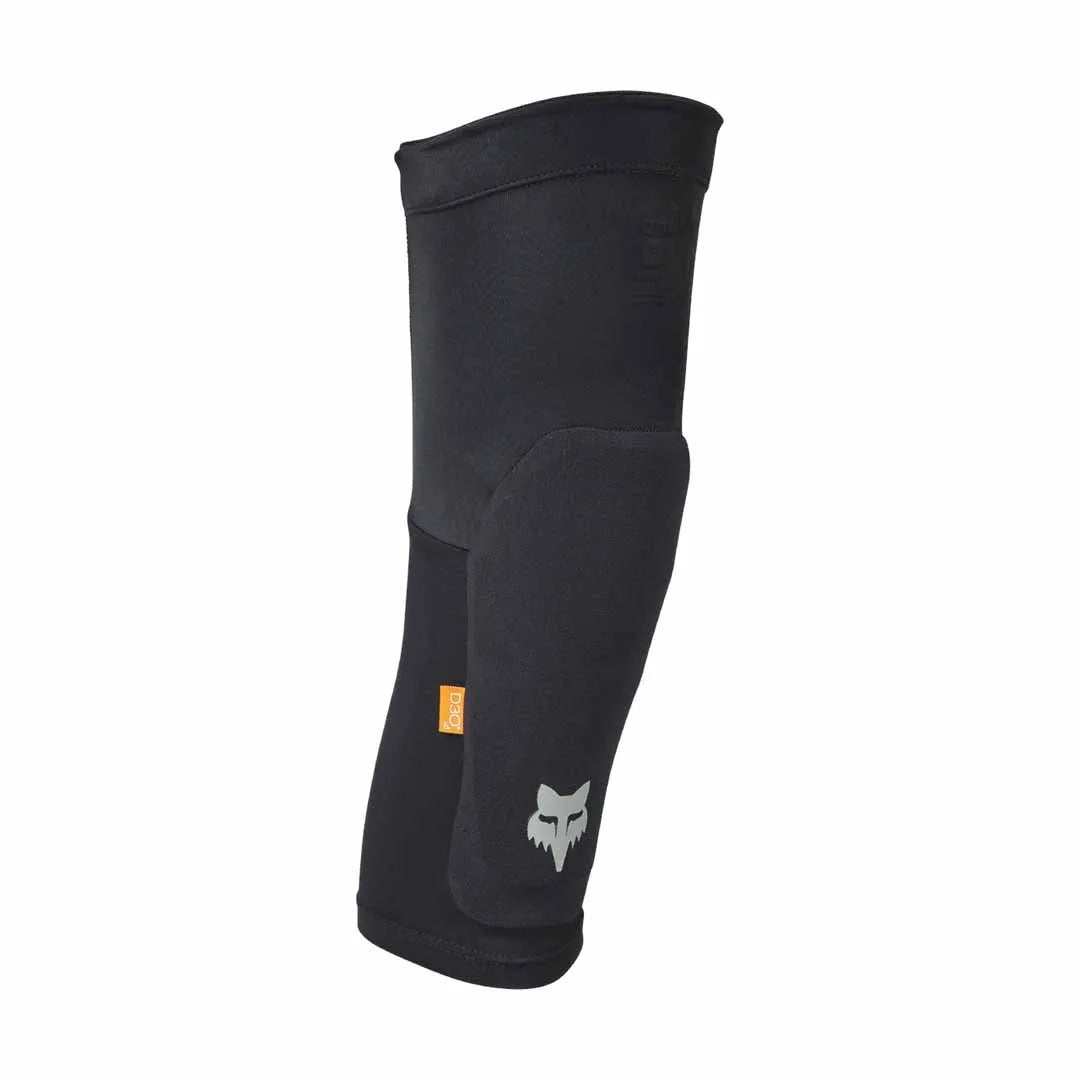 Black knee pad with a Fox brand logo on a white background