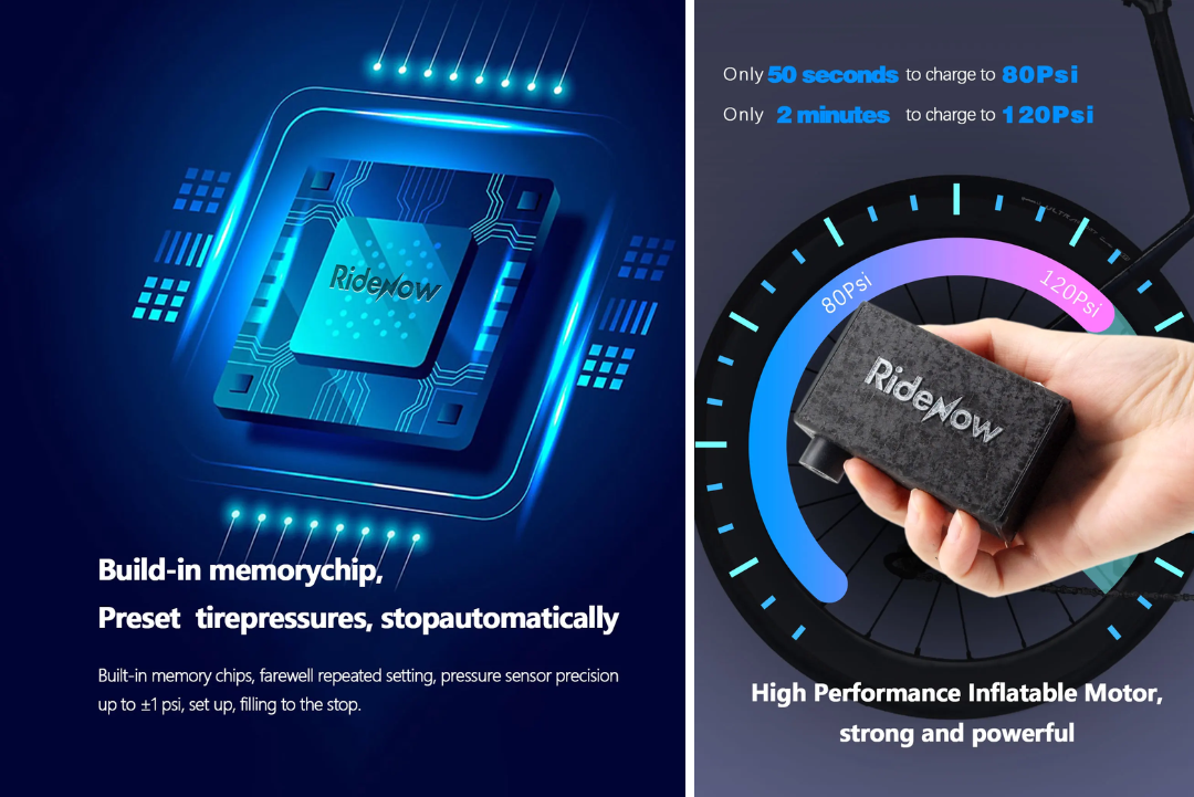 A promotional split-panel graphic for a RideNow tyre pressure monitoring device. The left panel shows a glowing blue circuit-board-style illustration of the device with text about preset tyre pressures and memory chip.