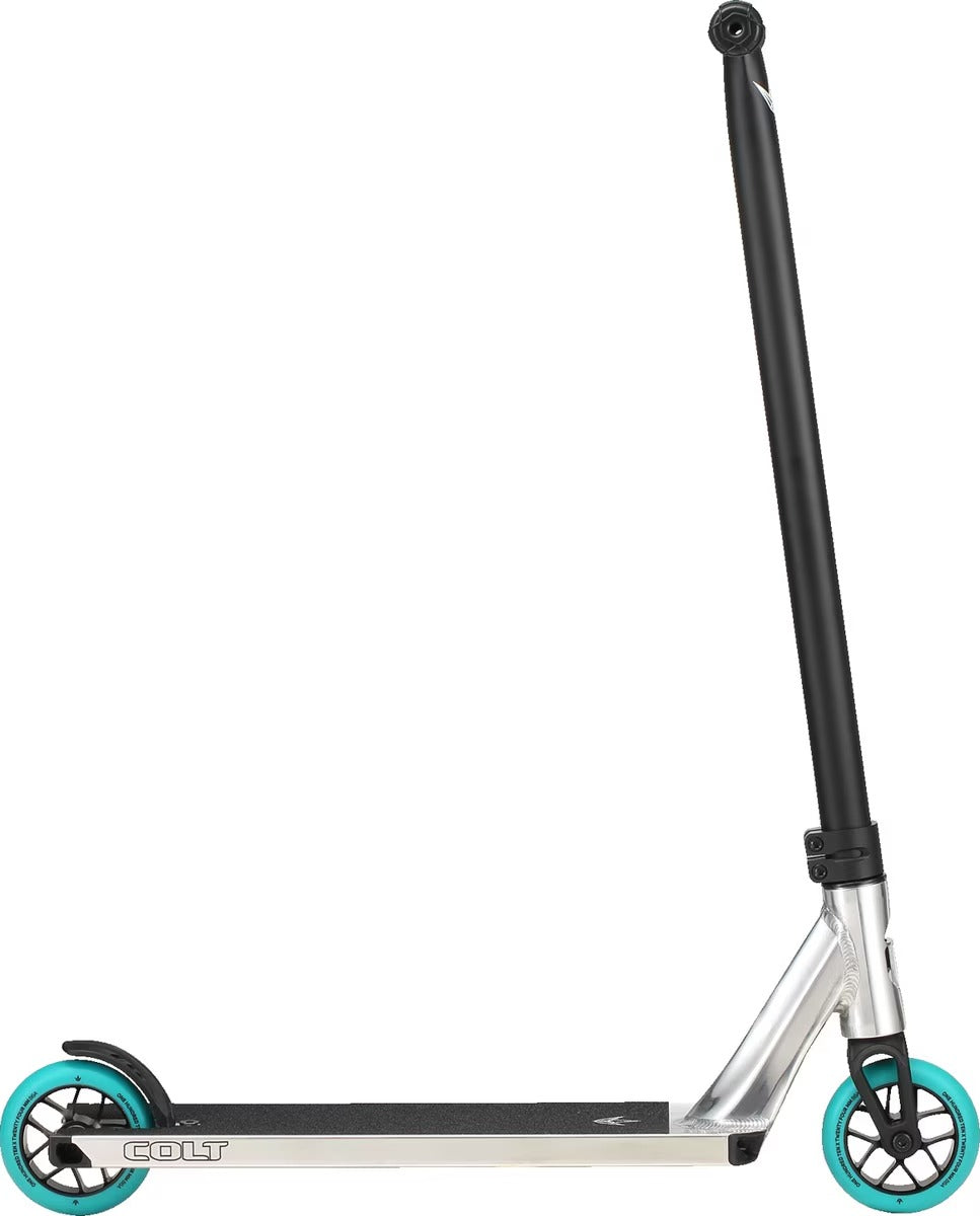 Side view of a silver and Black Envy Colt Scooter with blue wheels on a white background