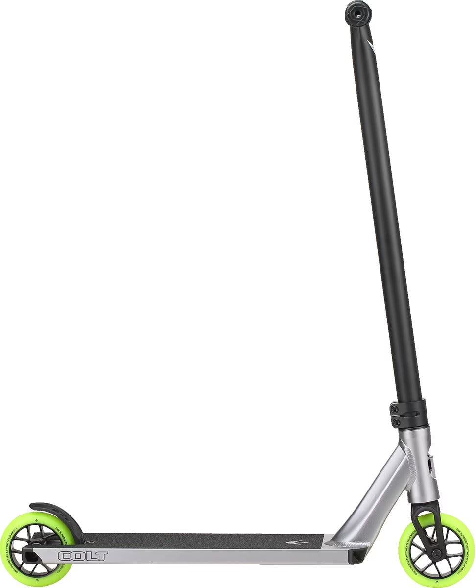 Side view of a silver and black Envy Colt Scooter with green wheels on a white background