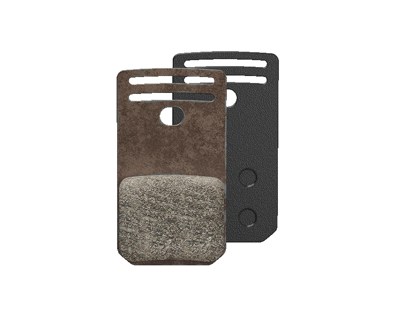Two bicycle disc brake pads, one brown and one black, on a black background