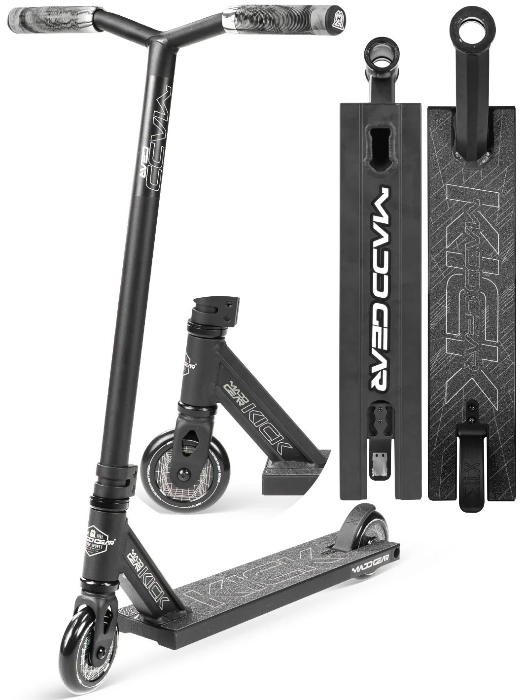 Black scooter with visible branding on a white background