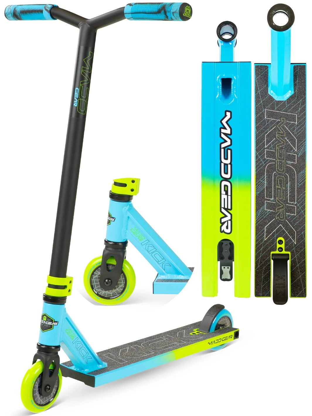 Blue and black Madd Gear scooter with green accents on a white background