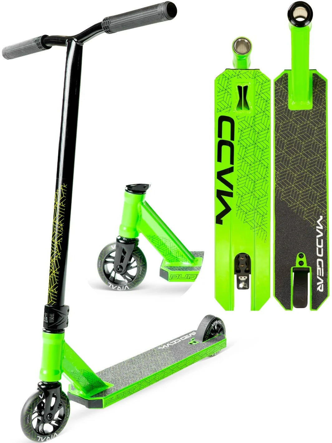 Green and black scooter with visible branding on a white background