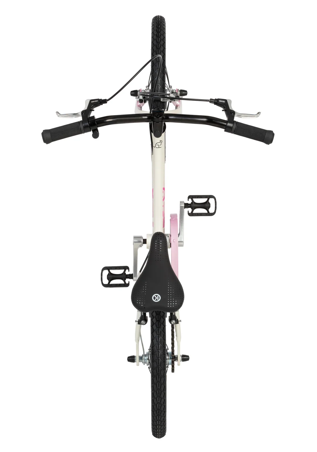 Bird's eye view of a children's bicycle with a white frame, black handlebars and saddle, and pink accents, photographed on a clean white background.