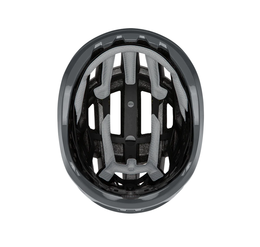 Black road bike helmet with a white interior on a white background