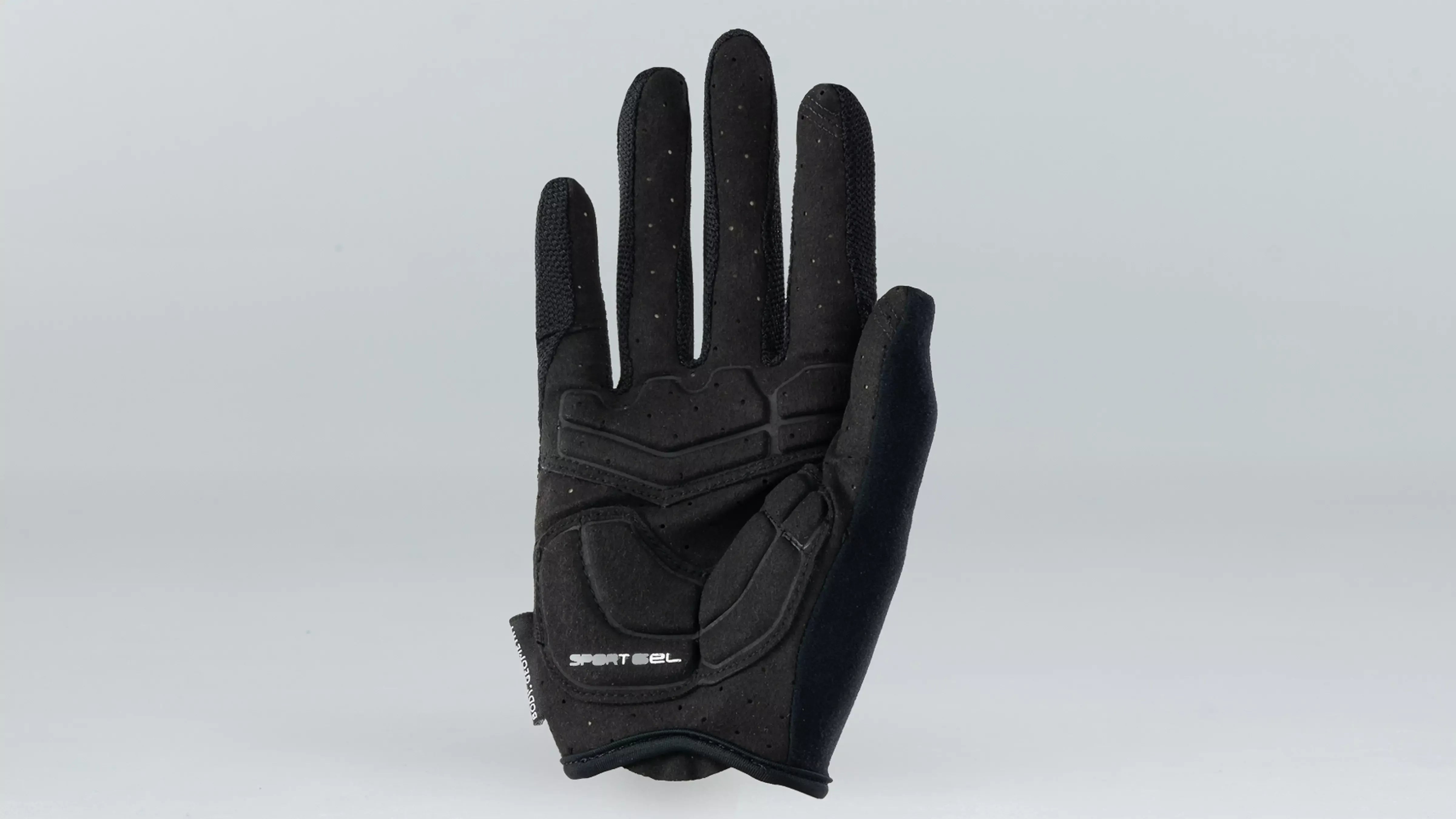 Black long fingered bicycle glove showing the padded side against a grey background