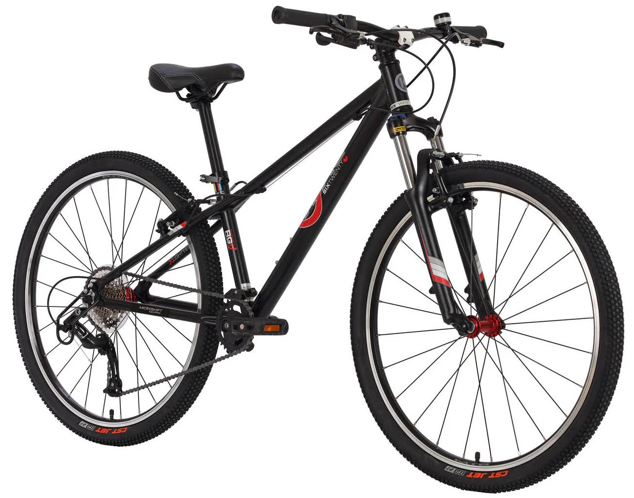 A black BYK Kids Mountain Bike with red accents on a white background