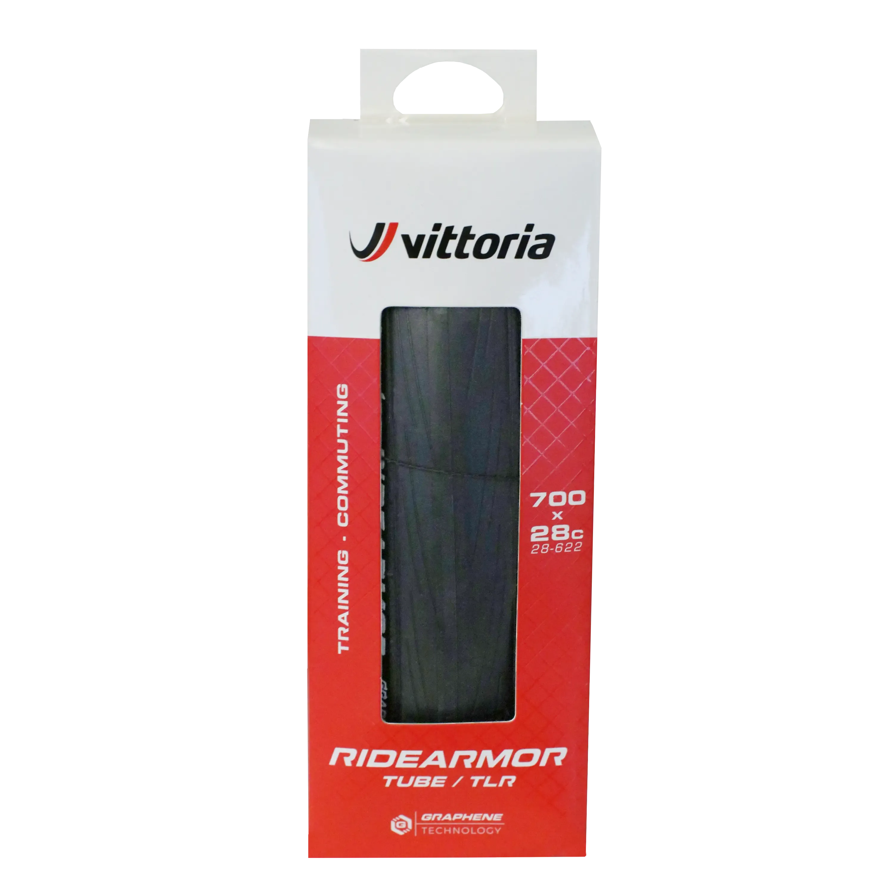 Vittoria bicycle tyre packaging with red and white design