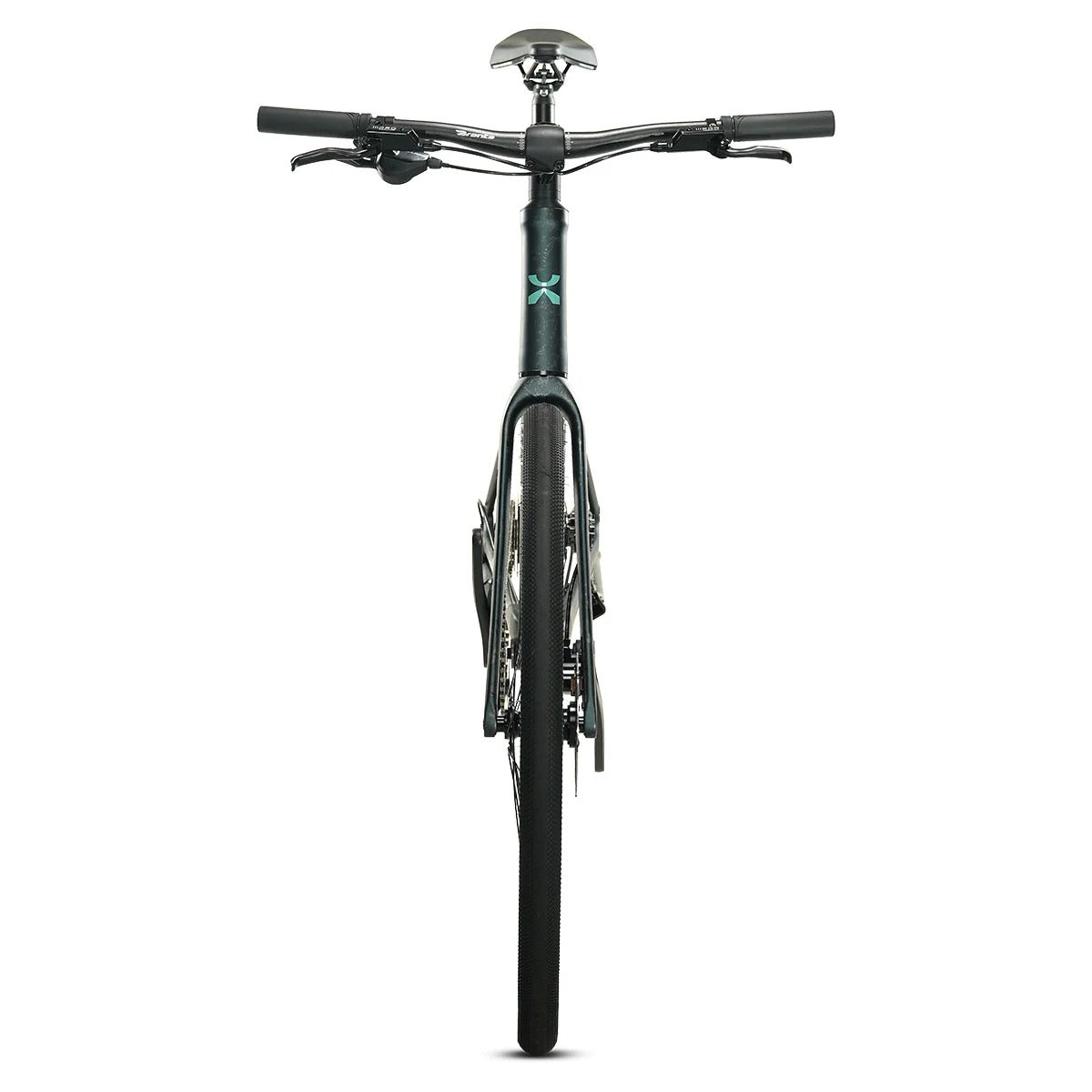 Front view of a dark green Hybrid bicycle with a black frame, handlebars, and saddle, featuring a small teal X logo on the top tube, set against a plain white background.