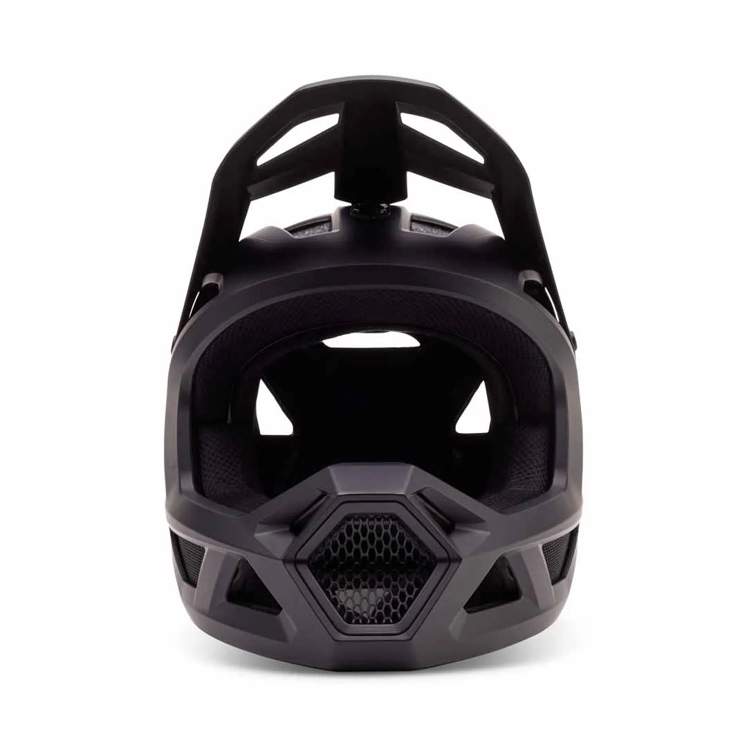 Black full face mountain bike helmet on a white background