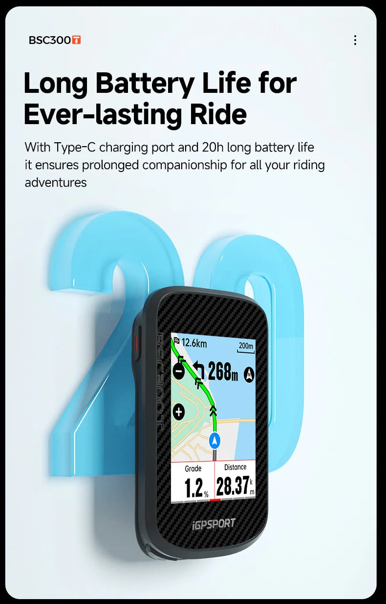 BSC300 GPS cycling computer with charging port and battery life text on a white background