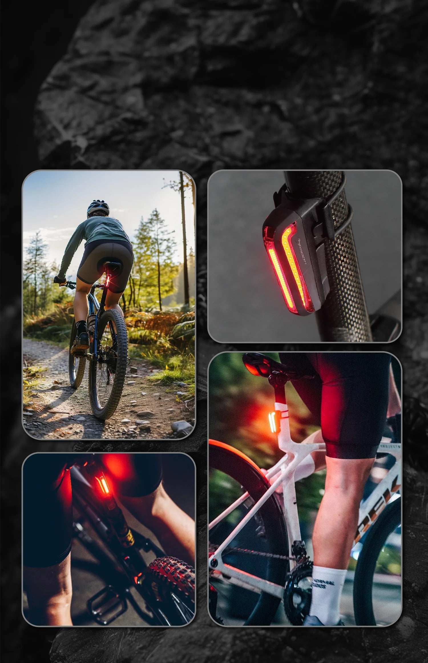 Bicycle taillight being used by a cyclist on a trail with close-up shots of the light.