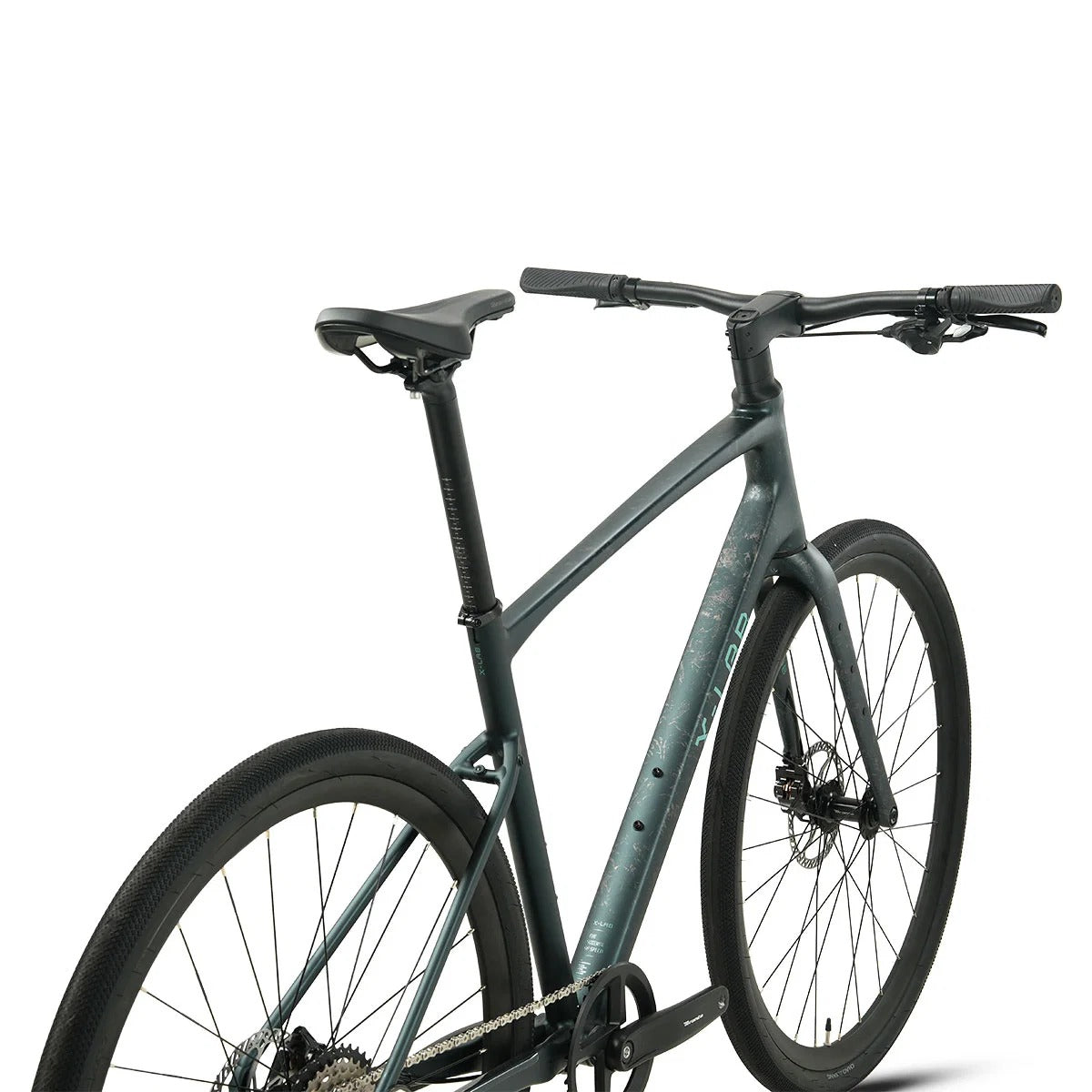 A teal X-LAB Hybrid bicycle with a sleek frame, black saddle, and black tyres, photographed from a three-quarters rear angle against a solid white background.