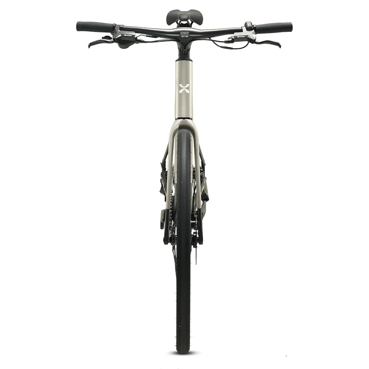 Front view of an electric bicycle with a matte silver frame and black components, including the tyres, handlebars, and saddle, on a solid white background.