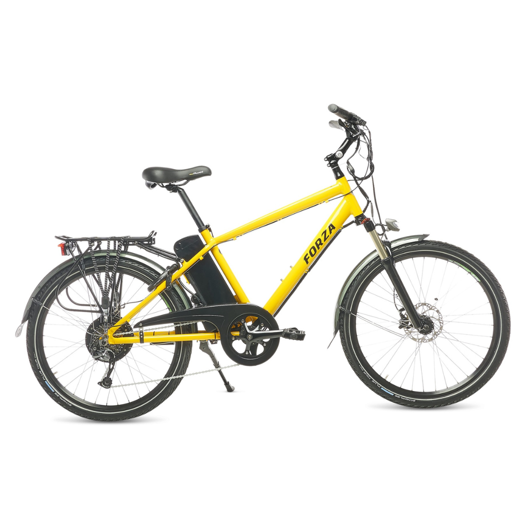 Yellow electric bike with 'Forza' branding on a white background