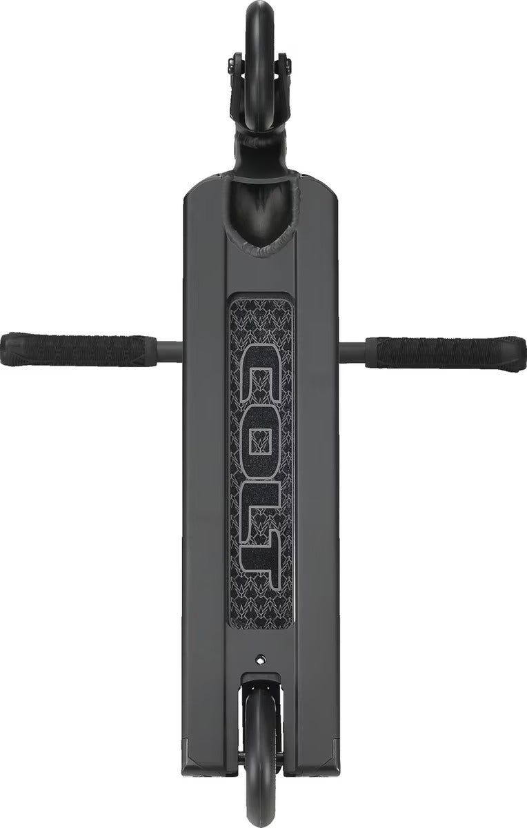 The underneath of a black Envy Colt Scooter on a white background