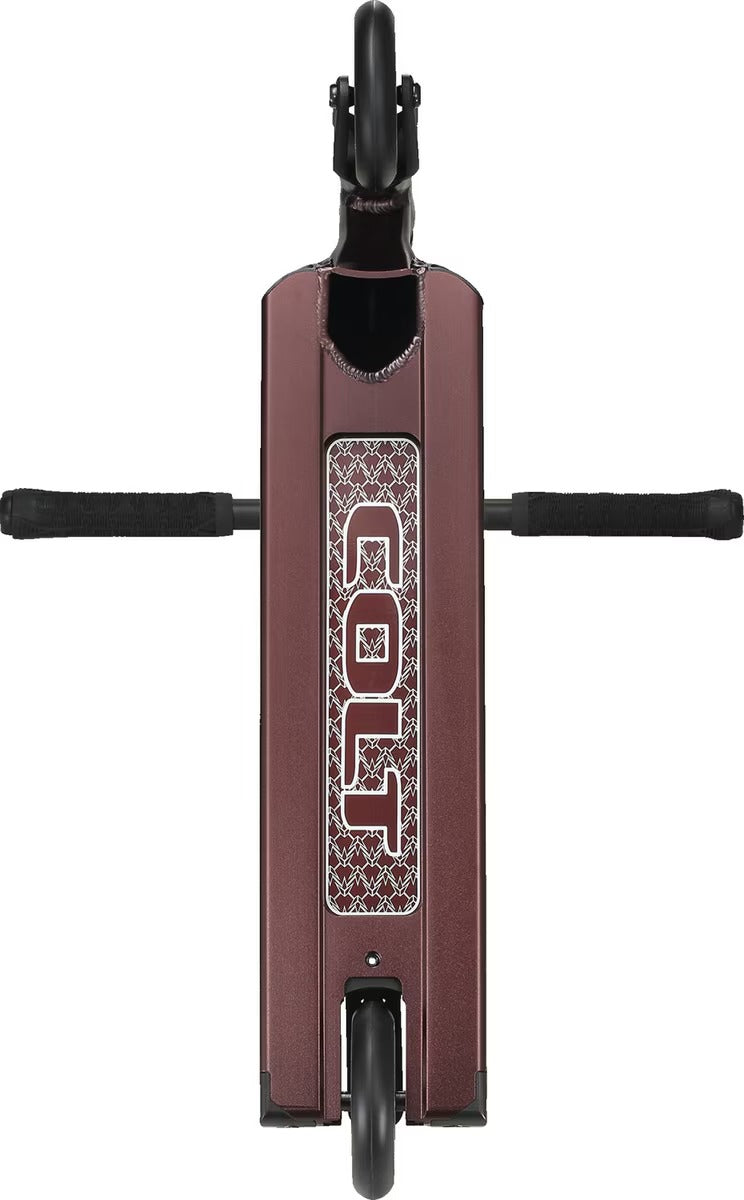 The underneath of a bronze Envy Colt Scooter on a white background