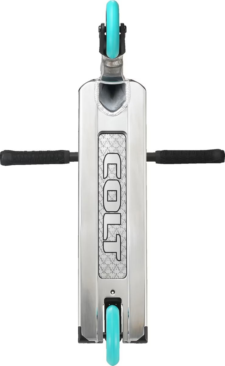 The underneath of a silver and black Envy Colt Scooter with blue wheels on a white background
