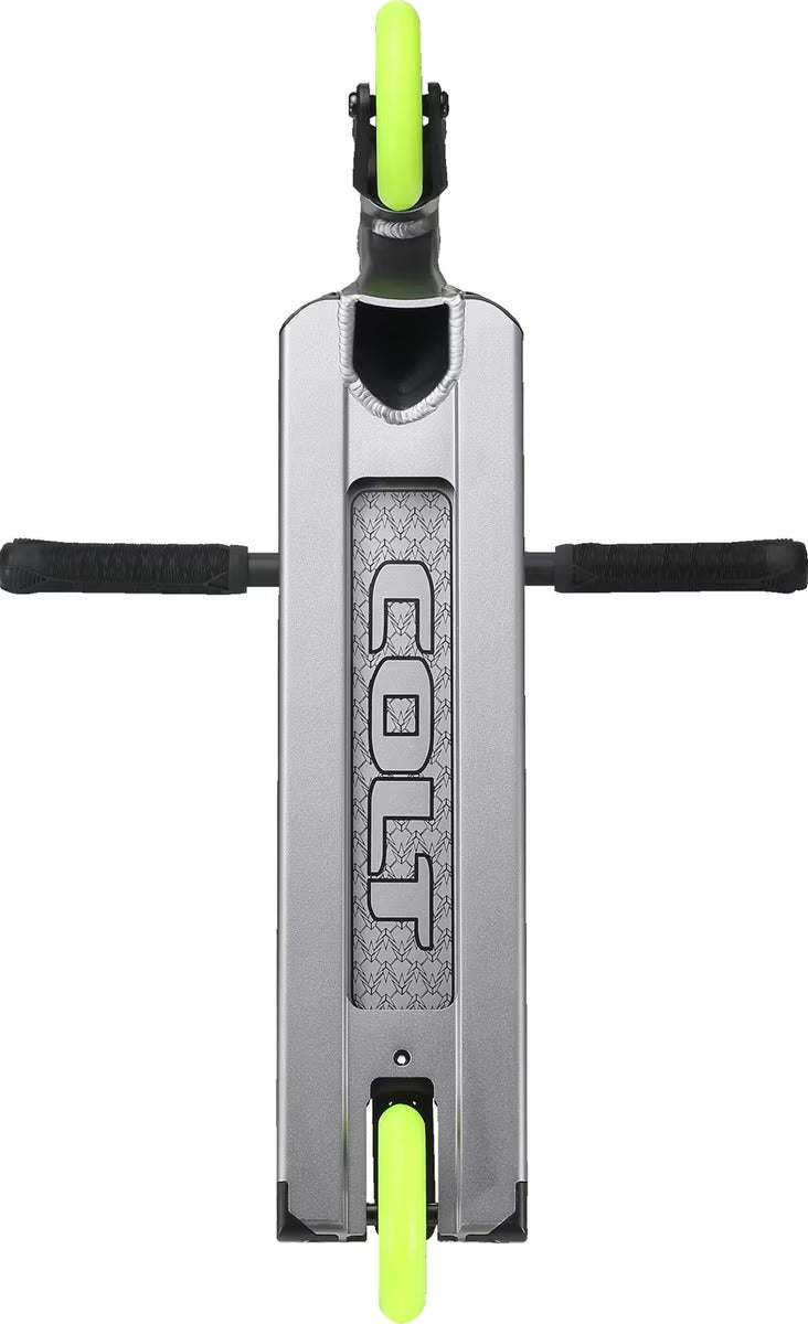 The underneath of a black and silver Envy Colt Scooter with green wheels on a white background