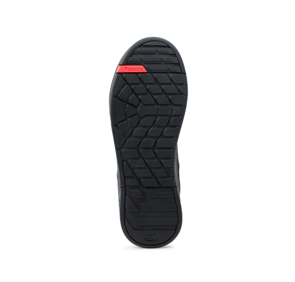 Black Mountain Bike Flat Shoe with red label on a white background