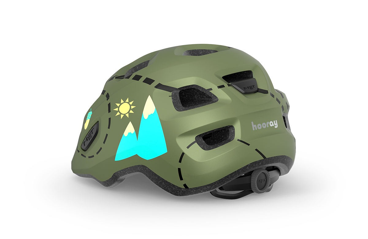 Green kids' helmet with mountain and sun design on a white background