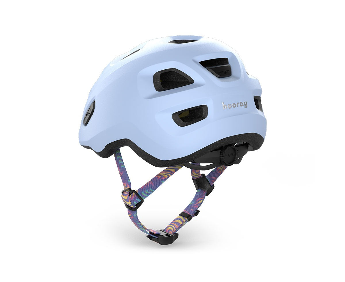 Light blue kids' helmet with colorful straps on a white background