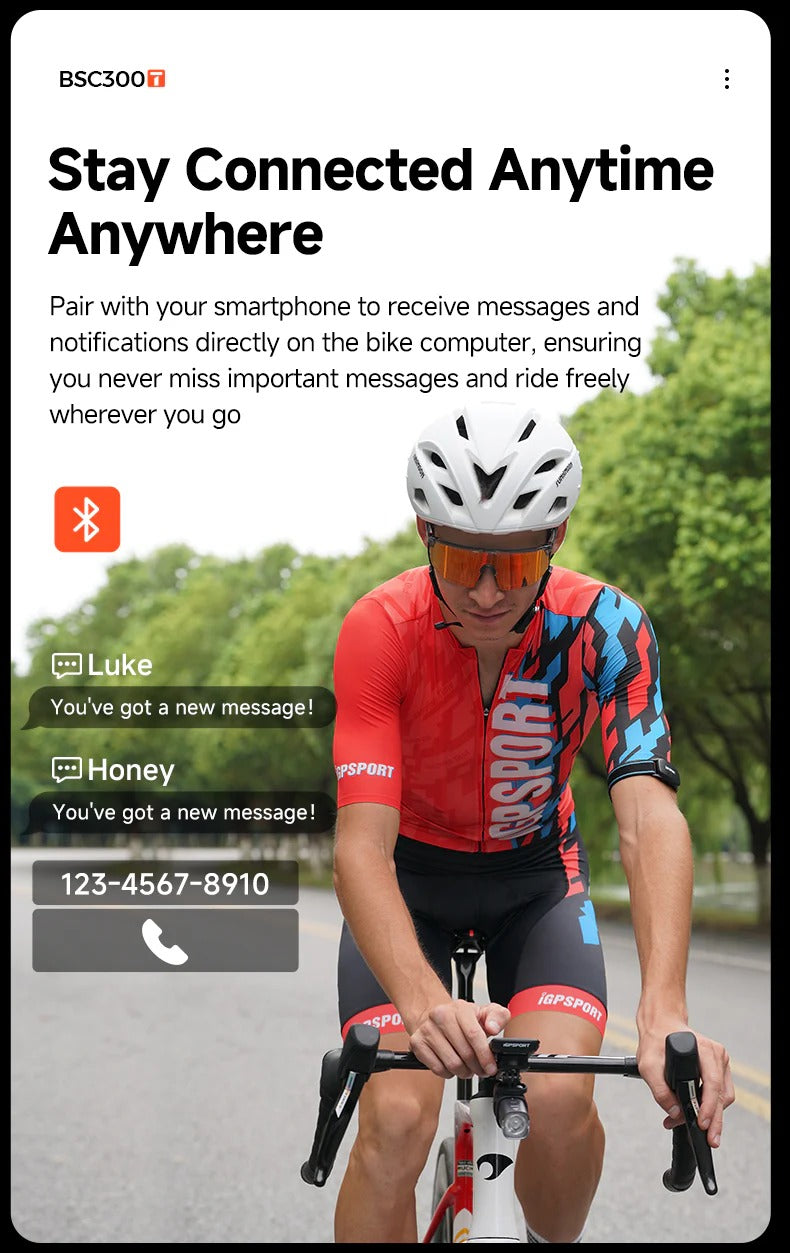Cyclist on a bike with smartphone app interface overlay showing connectivity features for the BSC300 cycling computer.