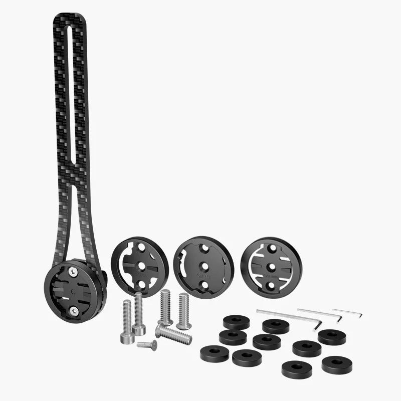 Outfront bicycle mount with various fitting options and bolts on a white background