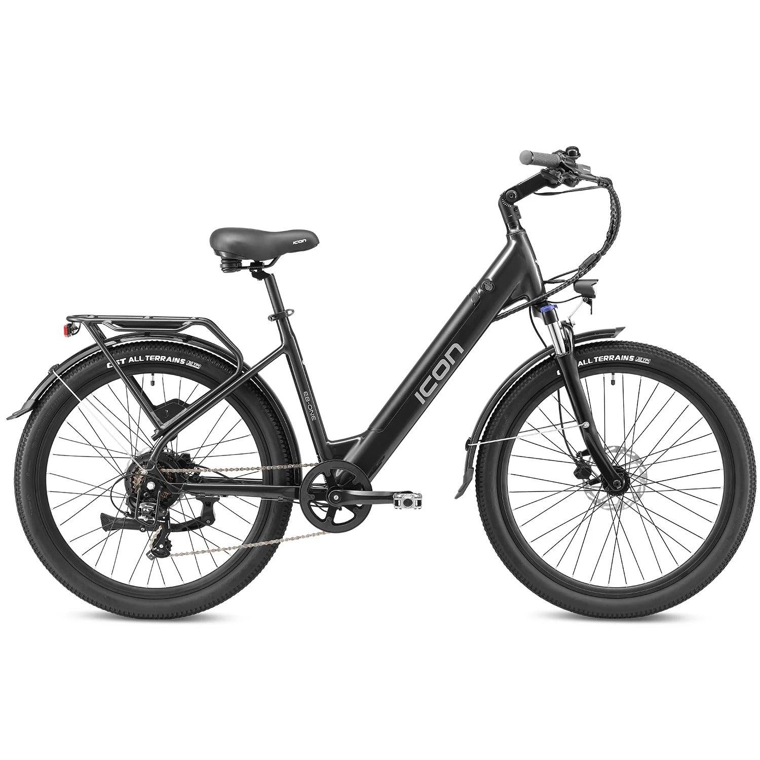 Black Icon Electric Bike with pannier rack and mudguards on a white background
