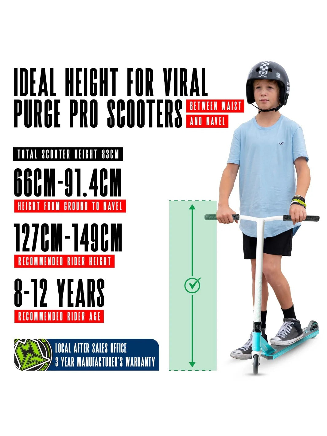 Child on a scooter with height measurement chart and text about ideal height for Purge Pro Scooters.