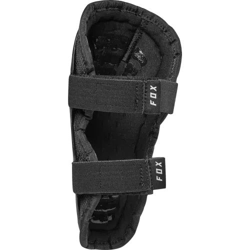 The back of a black mountain bike protective knee pad with 'Fox' brand logo on a white background