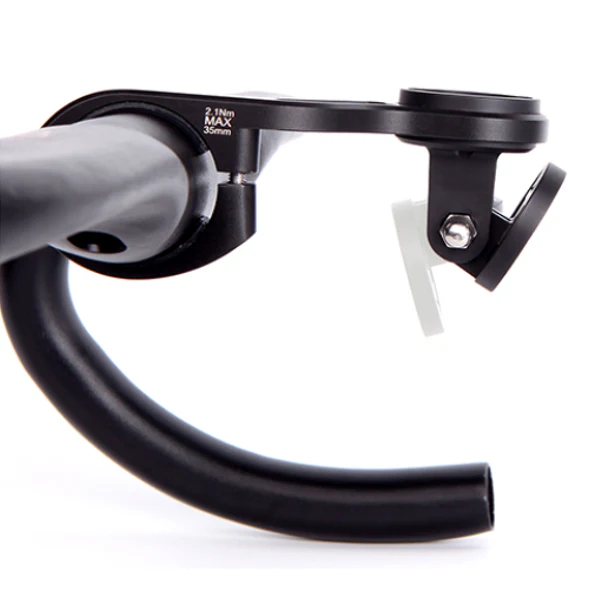 Close-up of a black bike handlebar with an outfront mount attached a white background