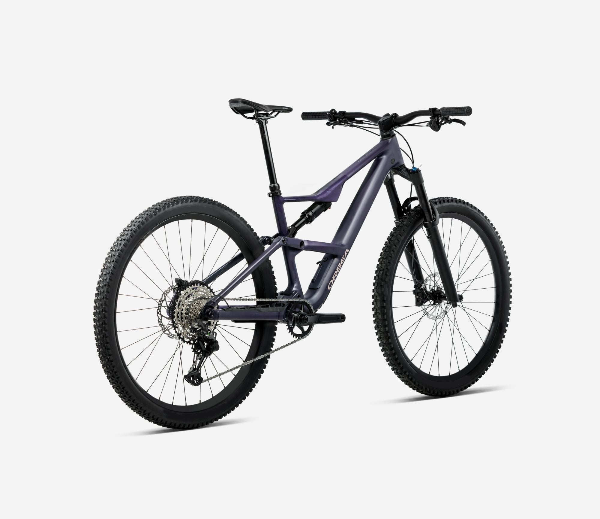 A charcoal Orbea Dual Suspension Mountain Bike against a white background