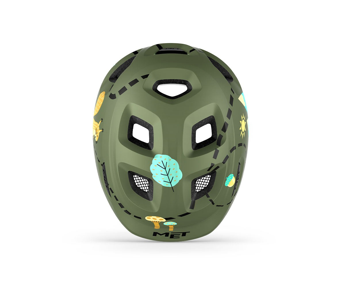 Green kids' helmet with nature-themed stickers on a white background