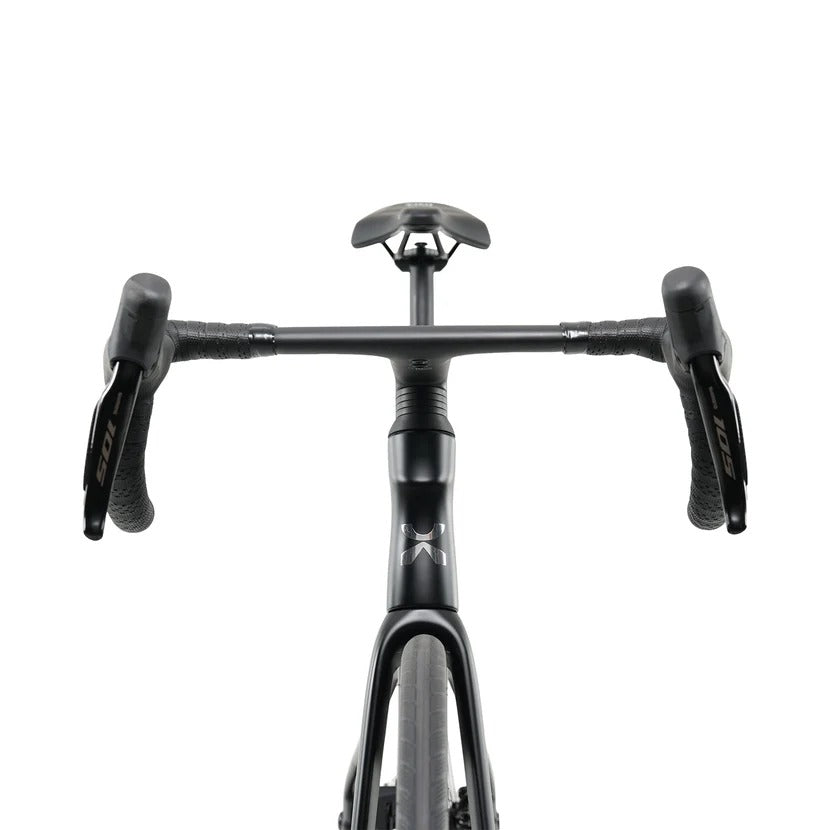 Front view of a black road bicycle handlebar and frame section on a clean white background.