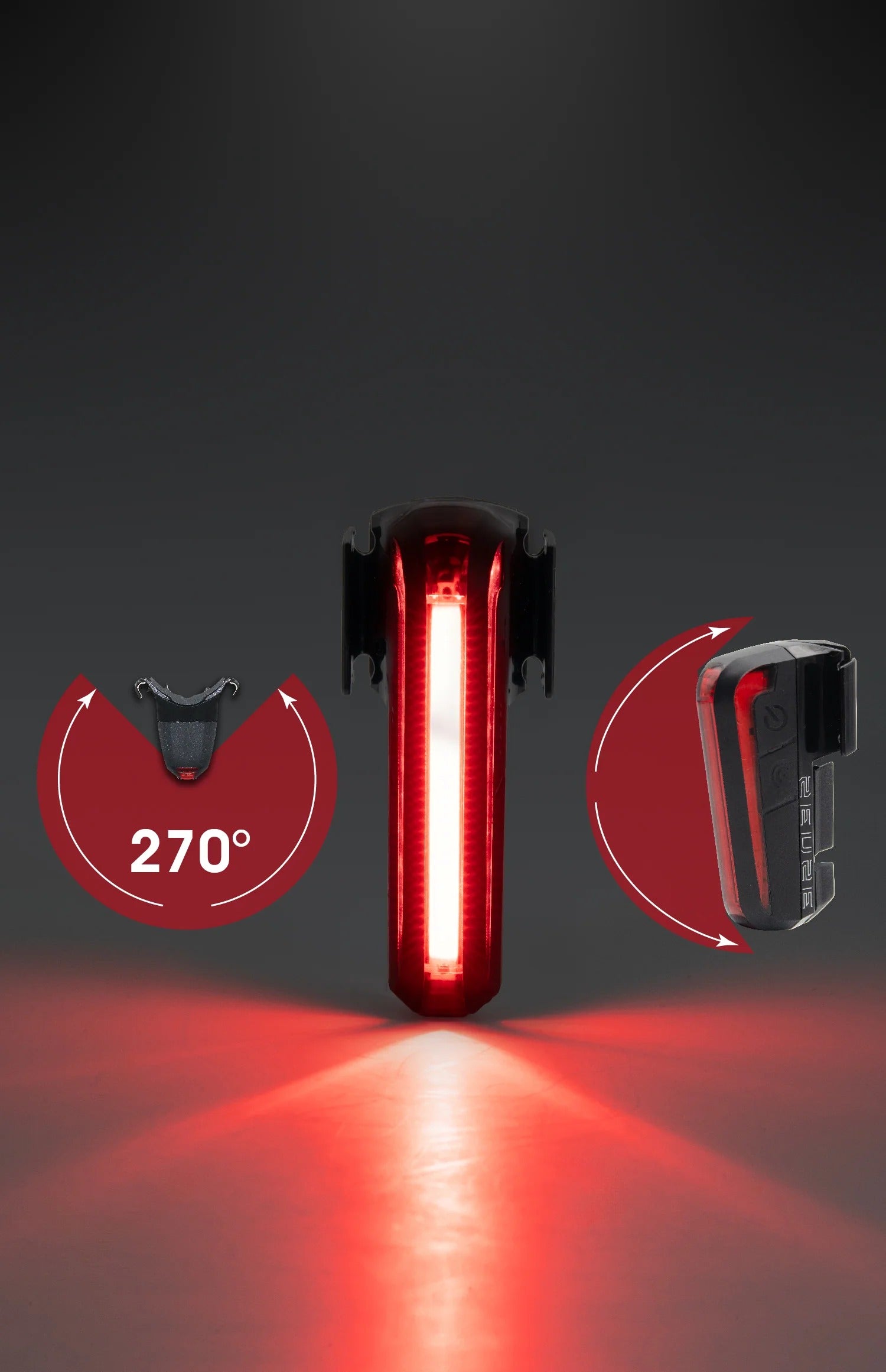 A red rear bicycle light centered on a dark gray background, with two circular callouts showing angle and side views. The left callout says 270°, and the light casts a red glow on the surface below.