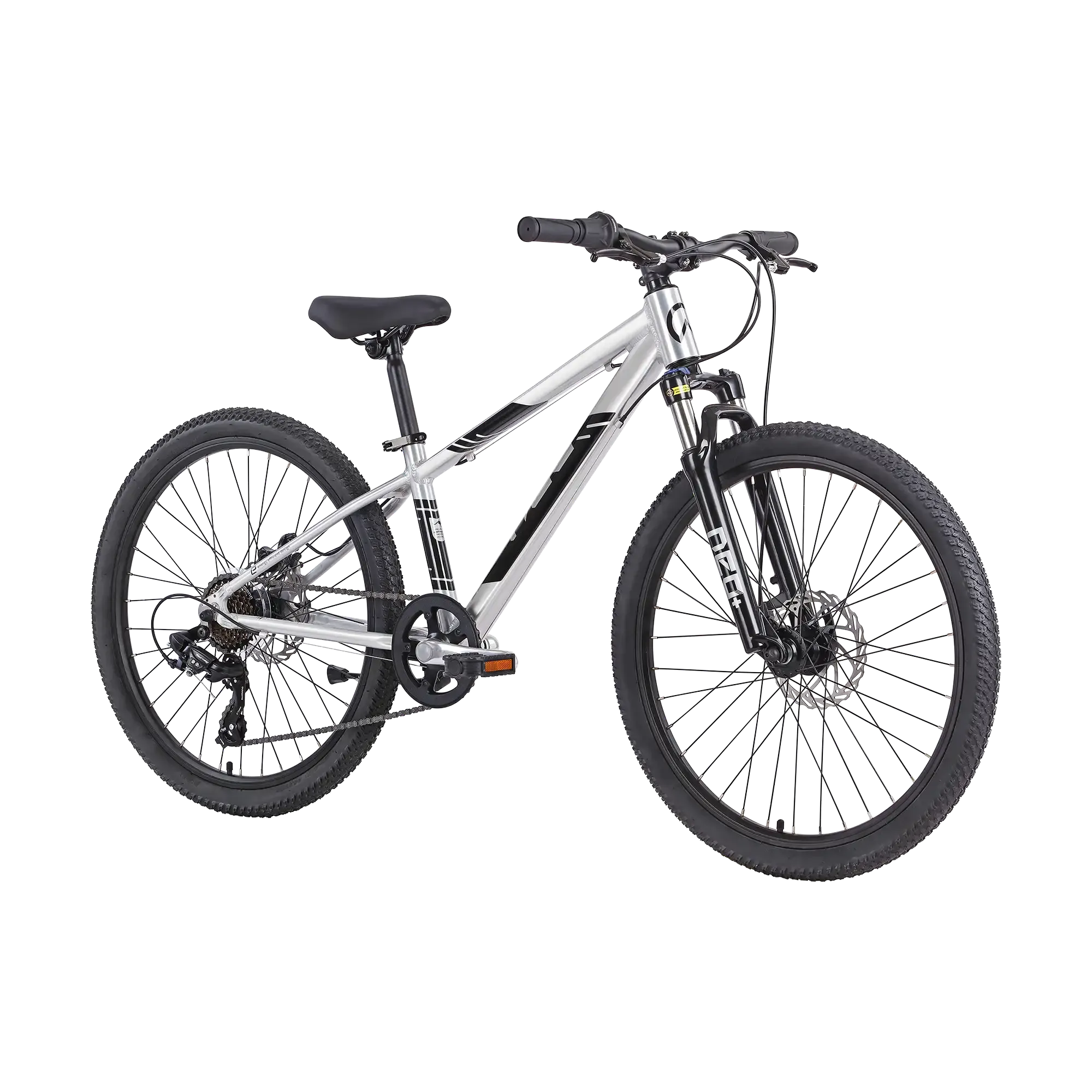 A silver and black kids mountain bike with a front suspension fork, disc brakes, and knobby tyres, shown from a side profile on a white background.
