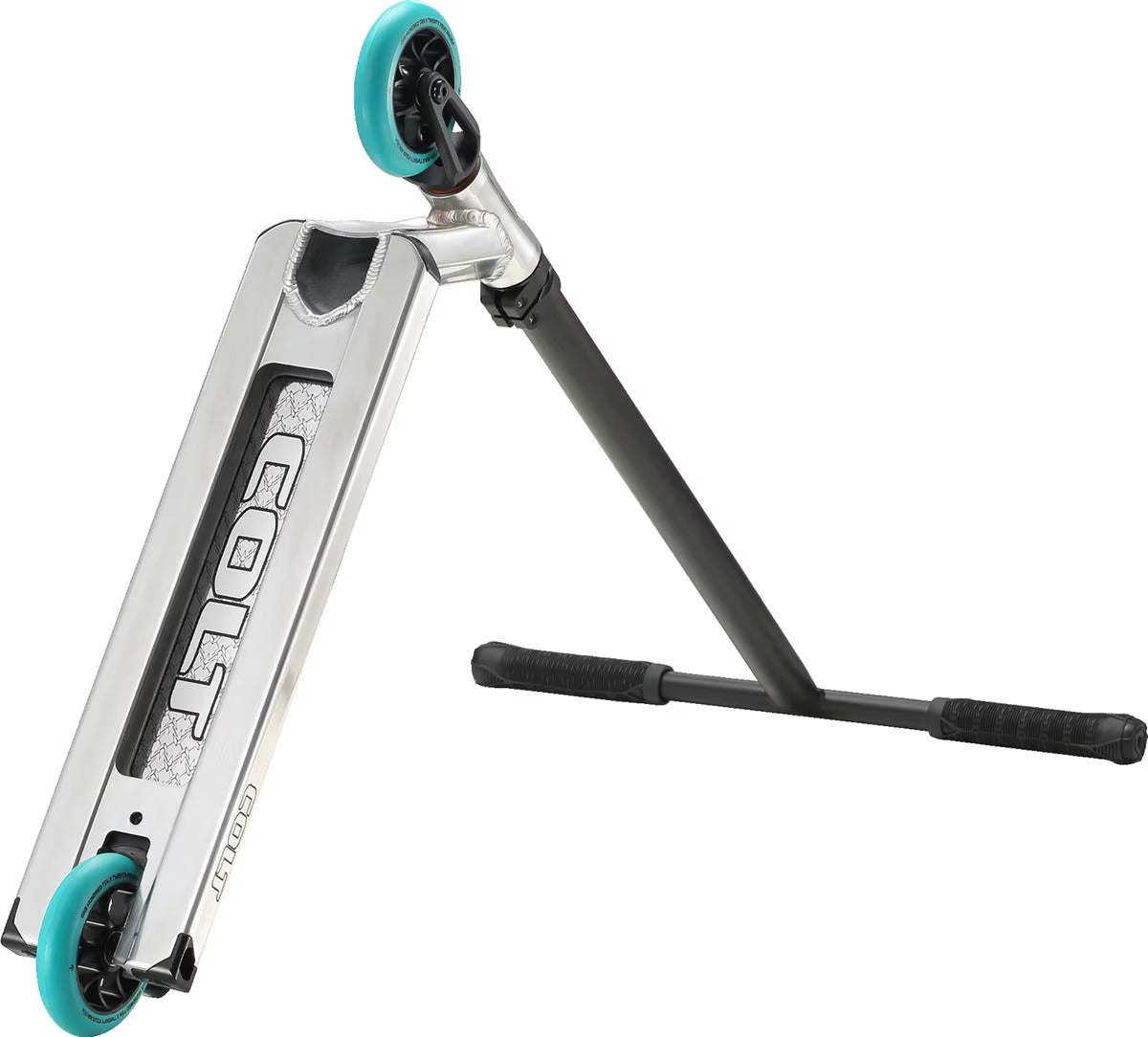 Silver and black Envy Colt Scooter with blue wheels flipped upside down on a white background