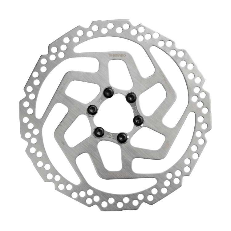 Silver bicycle disc rotor with 6 bolts on a white backkground