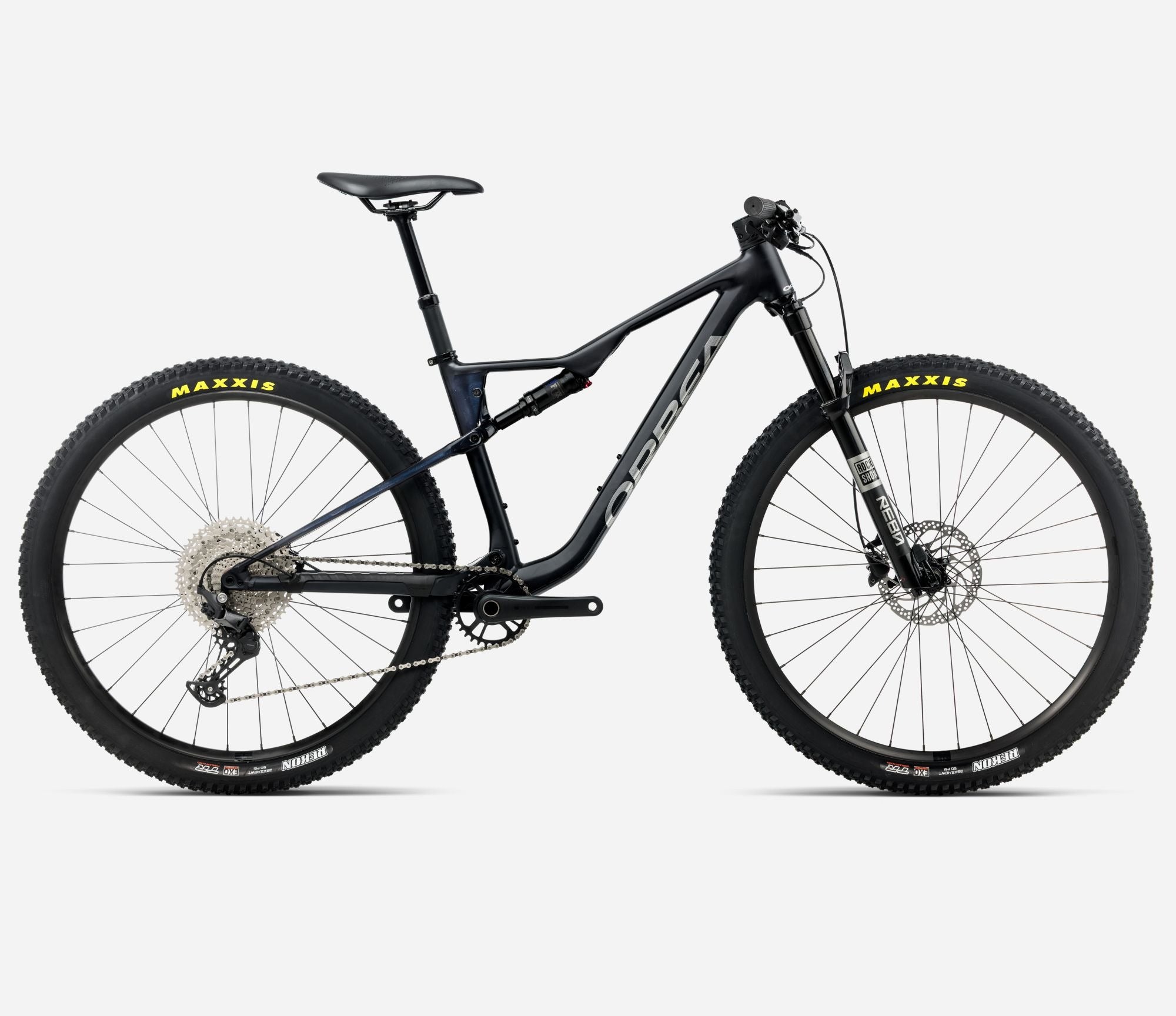 Black Orbea dual suspension mountain bike with Maxxis tires on a white background