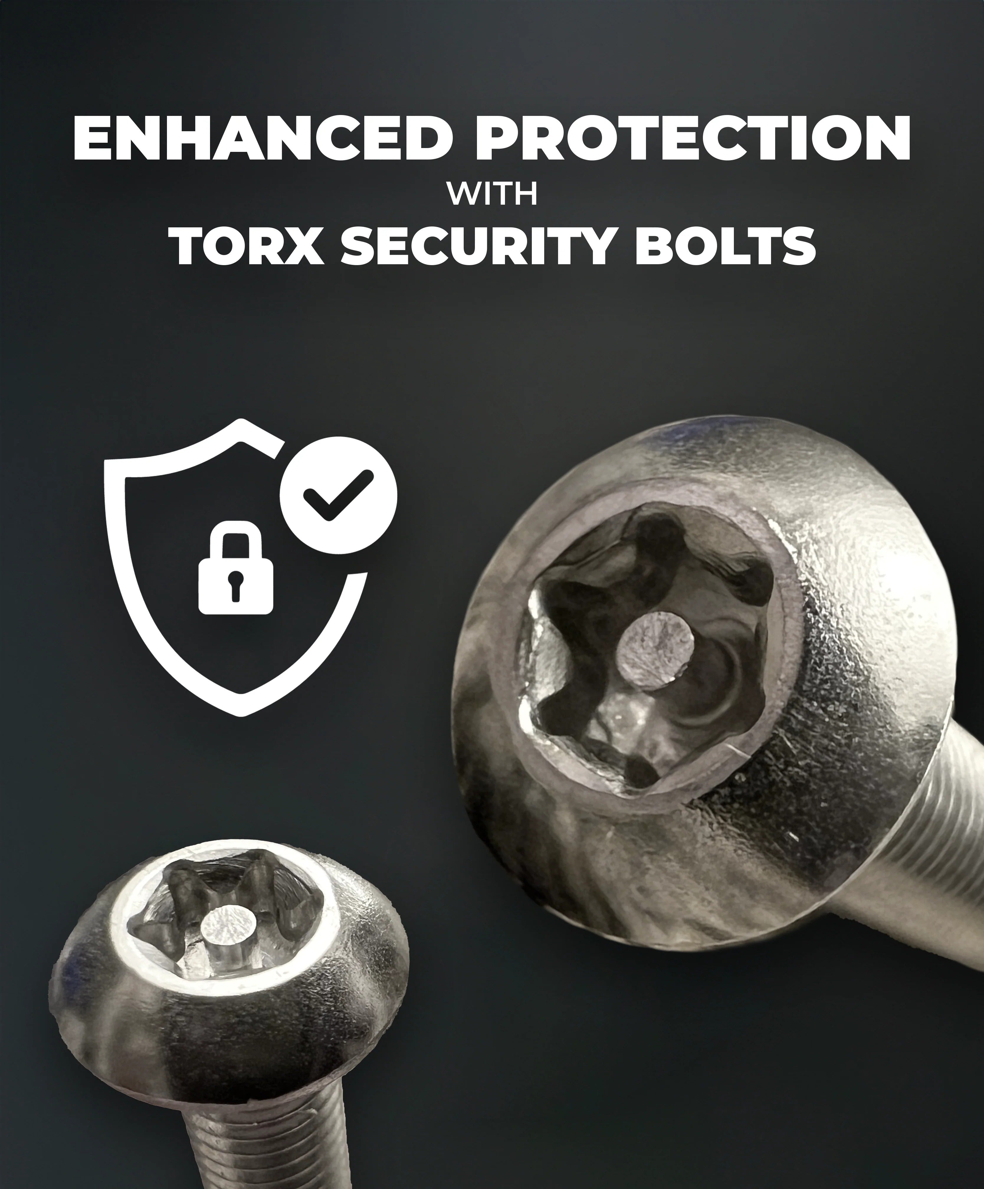 Torx security bolts with protective shield icon and text on a dark background