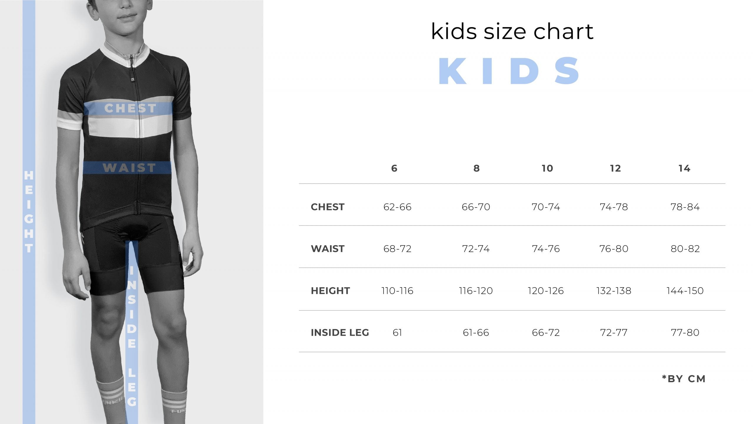 Children's size chart for clothing with a child model wearing a black and white striped shirt.