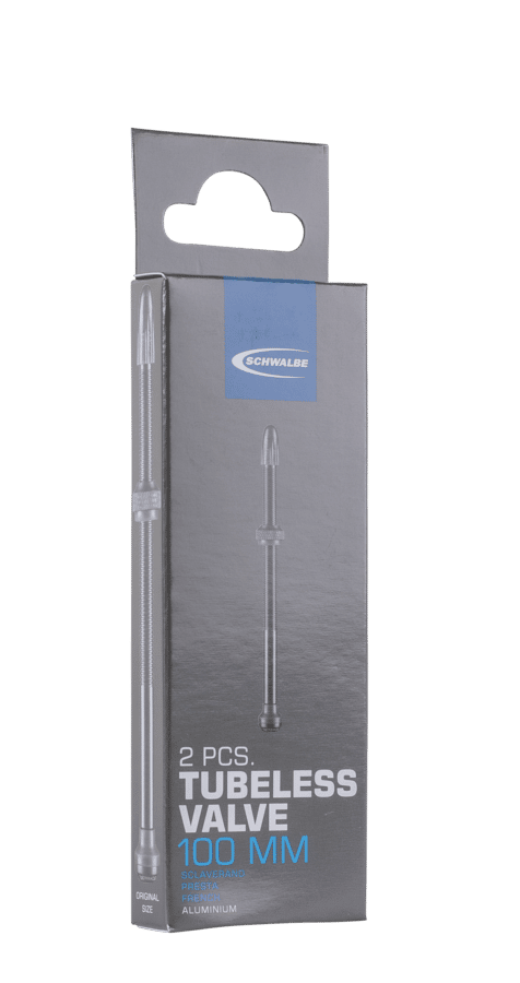 A picture of the Schwalbe Tubeless Valve 100mm in the packaging