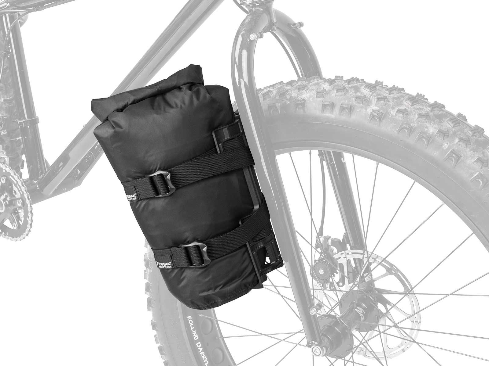 A picture of the Topeak VersaCage Flexible Mount attached to front fork of bike with a bag